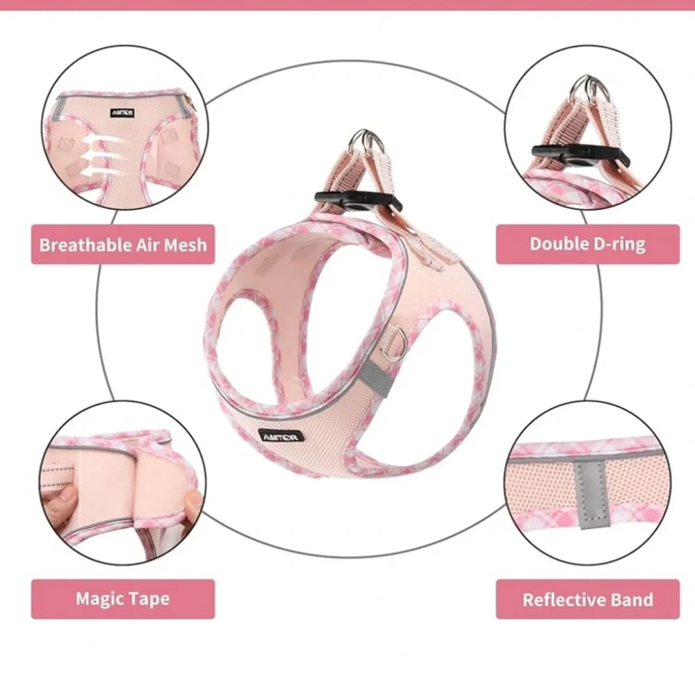 Pet hardness with leash pink size XS reflective